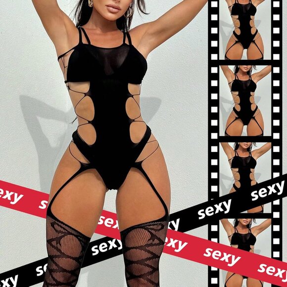 Naughty Plus Size Rhinestone Fishnet Lingerie – Irresistibly Seductive Outfit - Picture 4 of 6